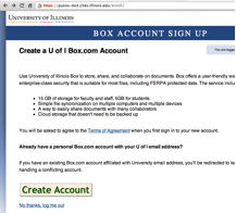 U of I Box account sign-up screen